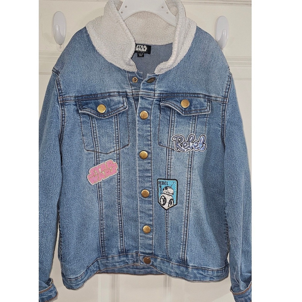 Star Wars Kids Denim Jacket Medium Wash Faux Shearling Collar Rebel Patch XL 16 - Picture 3 of 5